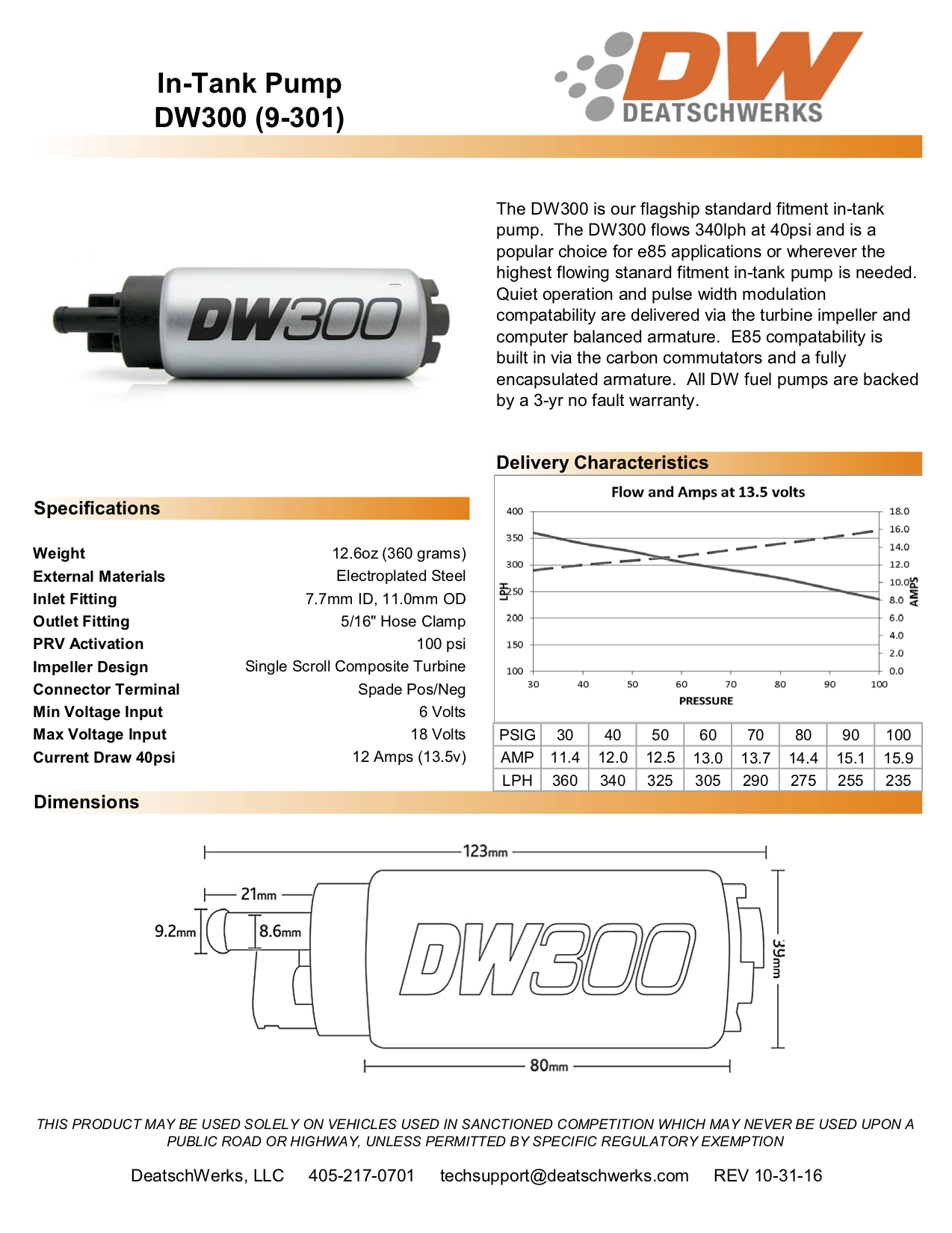 Deatschwerks DW300 tech sheet