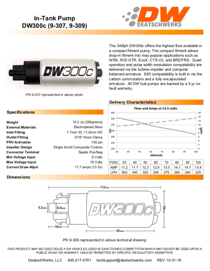 Deatschwerks DW300c Series Tech Sheet