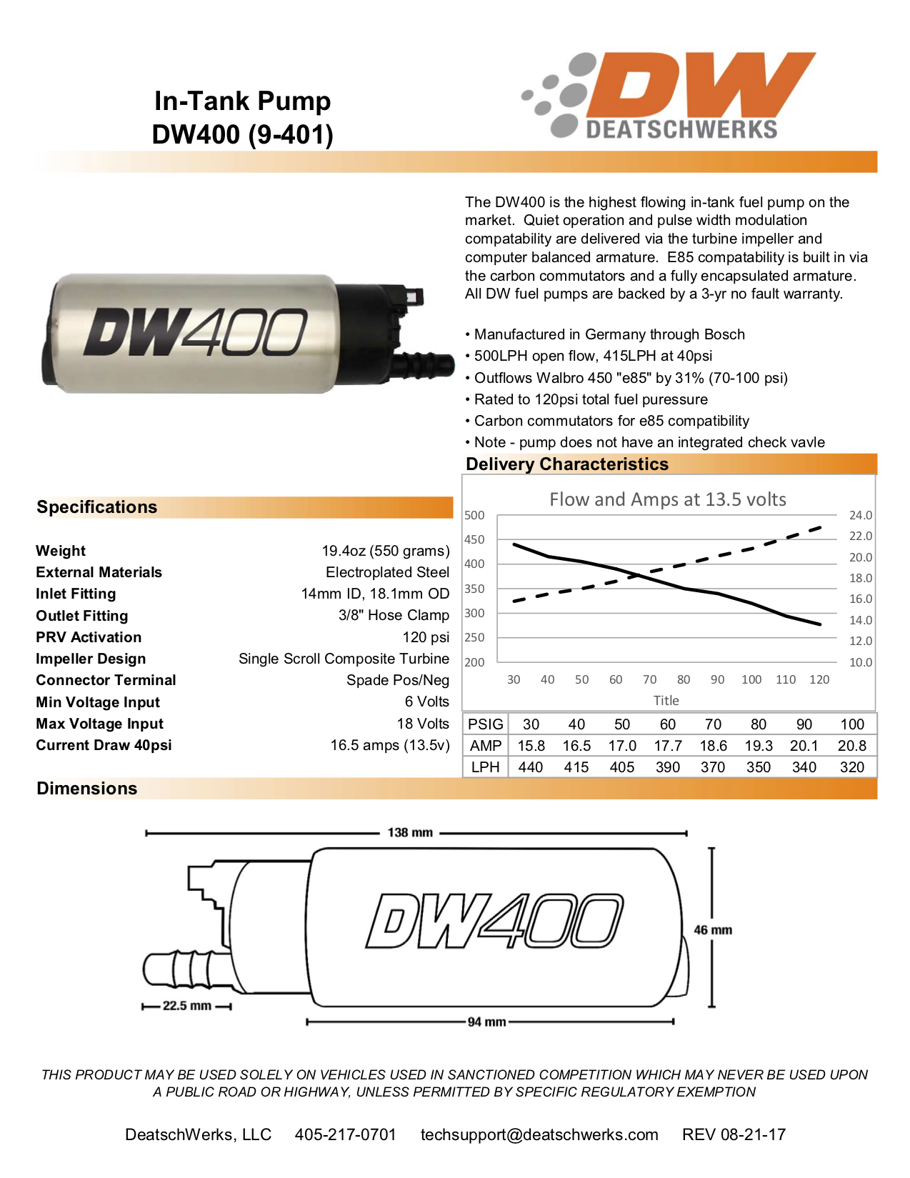 Deatschwerks DW400 tech sheet